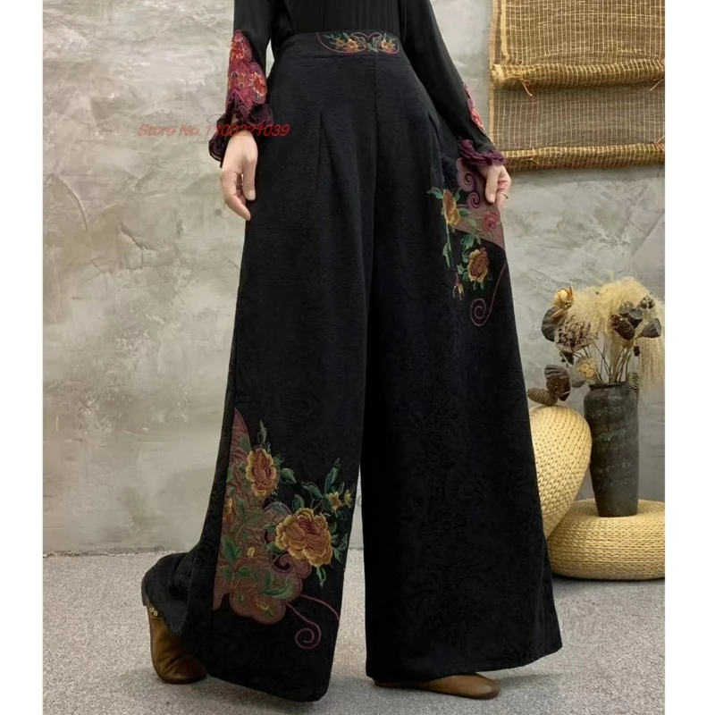 2025 السراويل الصينية خمر الوطنية زهرة مطرزة مرونة الخصر السراويل الشعبية الرجعية القطن الكتان الجاكار واسعة الساق السراويل