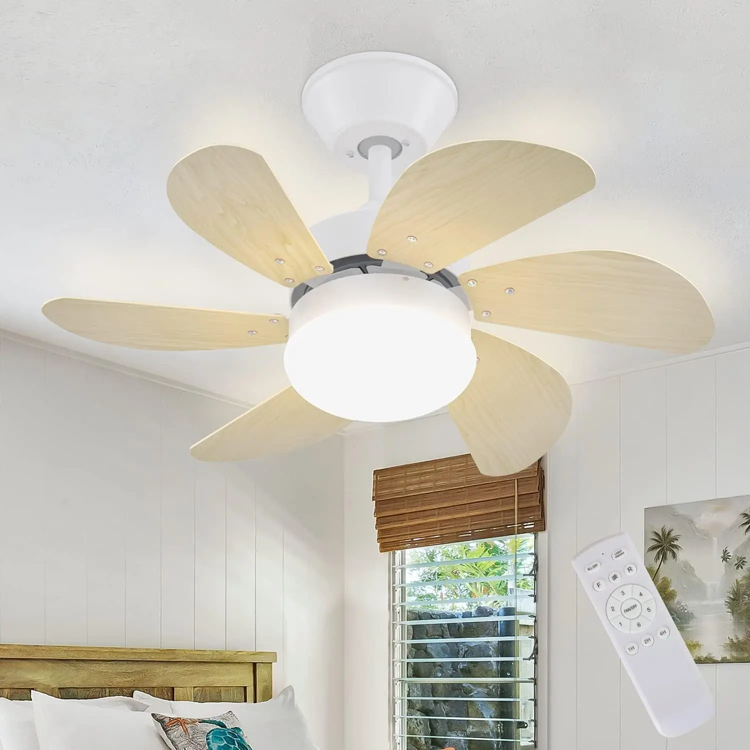 6-flügeliger E27-Deckenventilator mit Licht, Naturholz, Glühbirne nicht im Lieferumfang enthalten