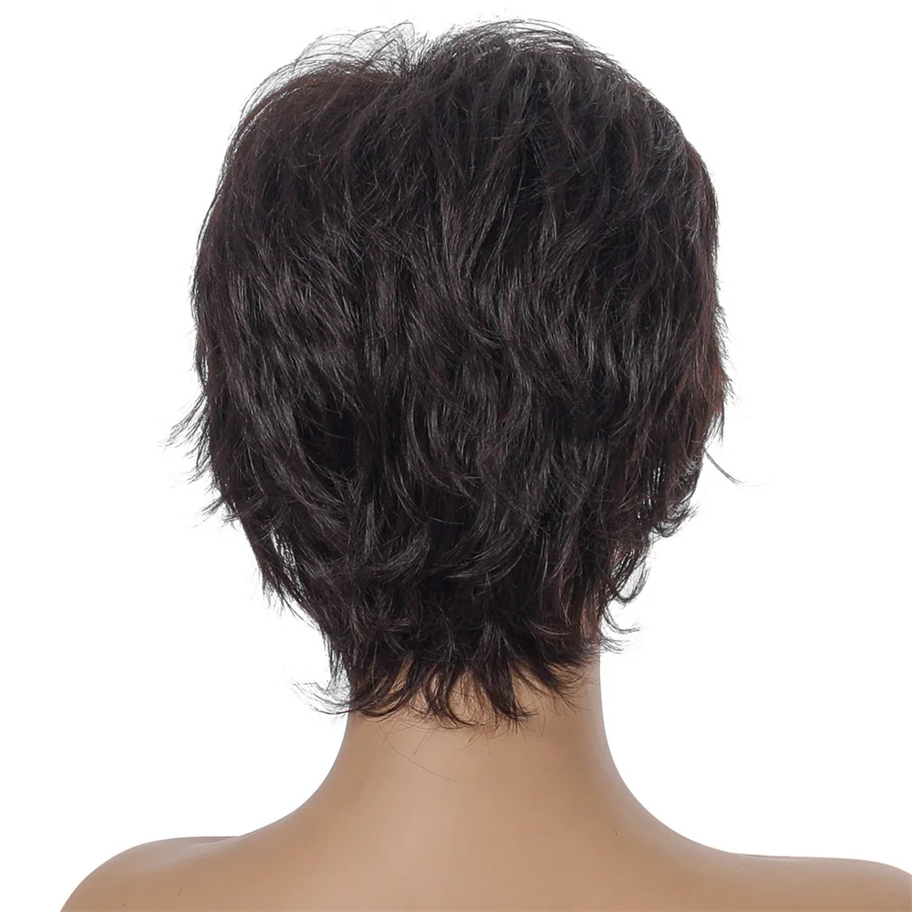 OUCEY Pixie Cut Wig sintetis Wig pendek wanita dengan poni Wig cokelat untuk wanita hitam Wig wanita tahan panas