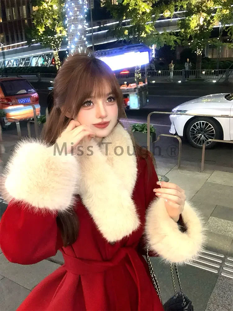 Winter Red Warm Christmas Two Piece Set Women Korean Fashion Sweet Skirt Suit Female Long Sleeve Vintage New Year Set 2024 New