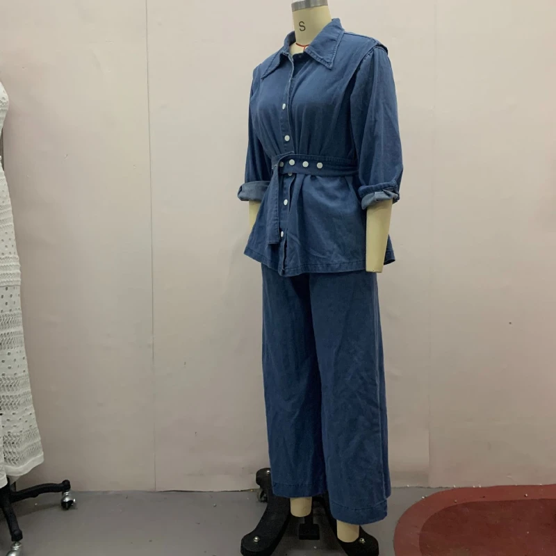 Women Two Piece Sets Turn Down Collar Jeans High Waist Belt Tops Wide Leg Long Pants Retro Fashion Denim Trousers Set 2025