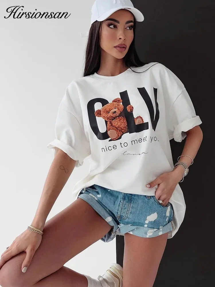 2024Hirsionsan Oversized Cotton T Shirts for Women Summer Loose Vintage Graphic PrintingTees Female Casual All-match Basic Tops