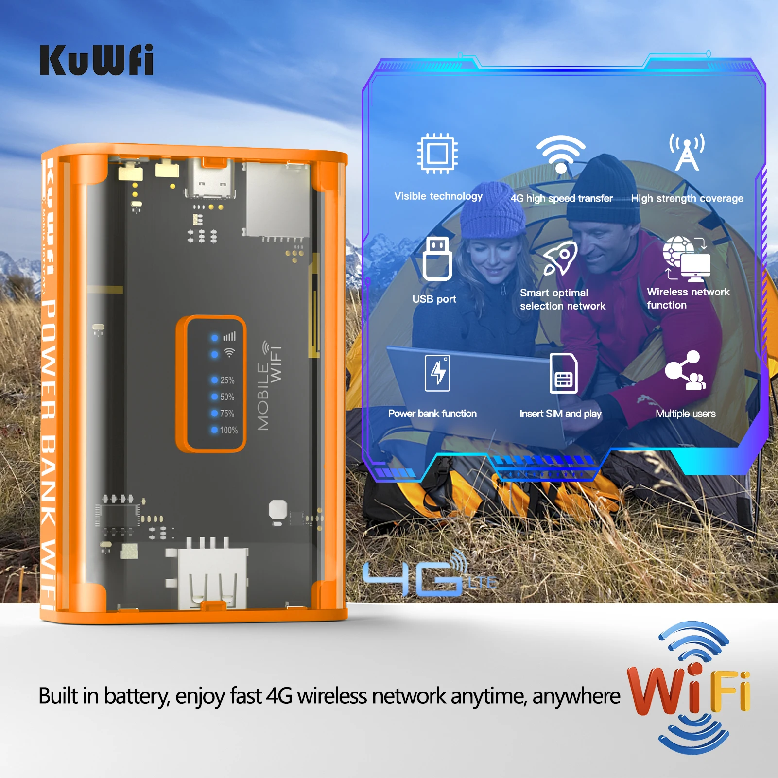 KuWFi Proteble Mini 4G Router 5200mAh Wireless LTE Router 300Mbps نقطة اتصال للسفر في الهواء الطلق مع فتحة للبطاقات SIM USB إخراج الطاقة