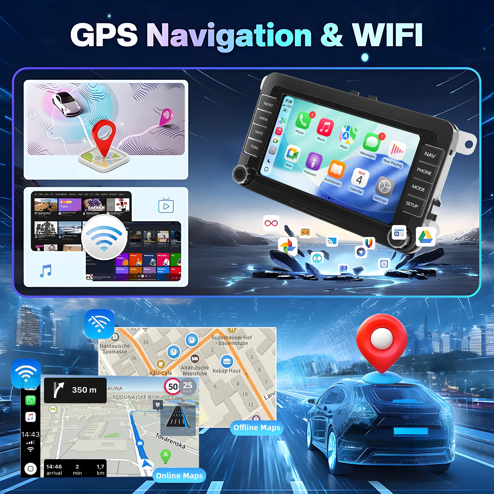 ESSGOO 7" Android15 2+64G/ 4+64G Für Seat/Skoda/VW Golf 5 6 Passat Polo Touran Tiguan Rabbit Sharan Caddy EOS T5 Autoradio mit Wireless Carplay Android Auto GPS NAVI RDS FM WIFI Bluetooth AI Sprachsteuerung Mirror Link SWC IPS Touchscreen Multimedia-Player – Detail 10