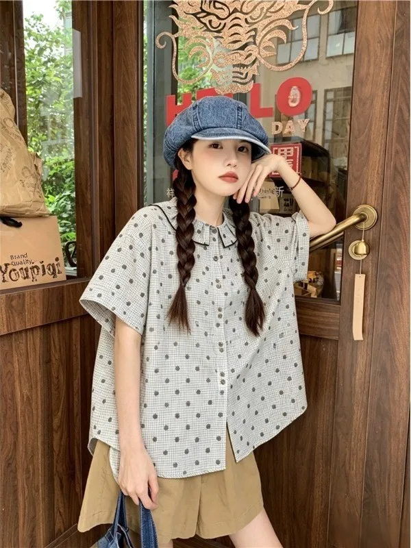 

plus Size Anti-Aging Set Summer New Design Polka Dot Doll Collar Plaid Short Sleeve Casual Pants High Waist Short Length