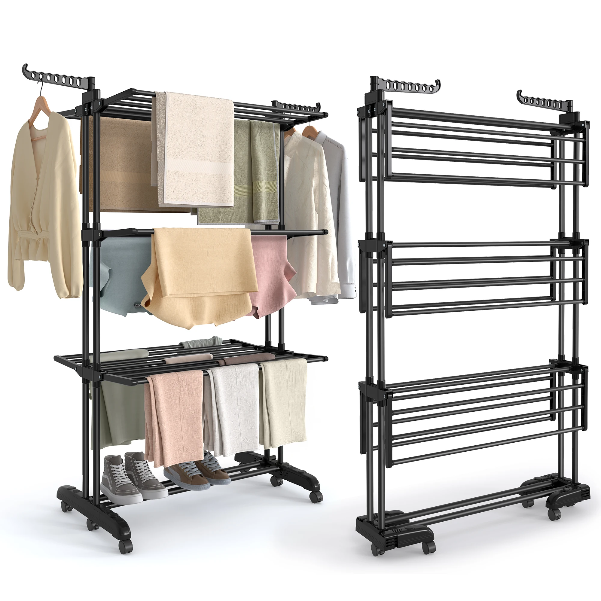 SONGMICS wasdroger, standaarddroger 4 niveaus, vleugelwasdroger, opvouwbare vleugels, met rollen, 63,5x125,5x173 cm, groot