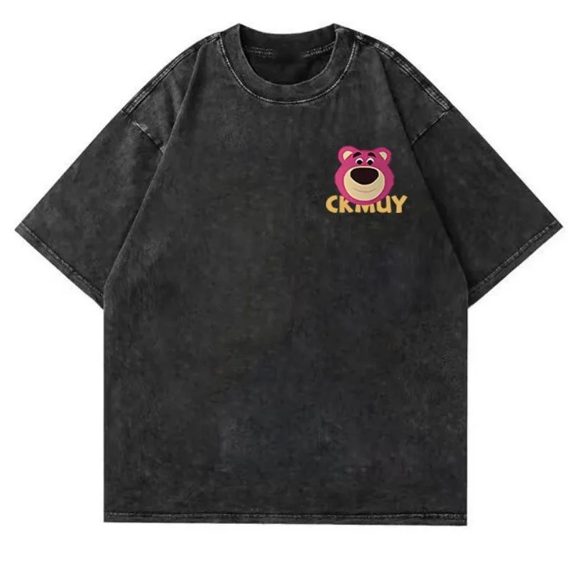 Disney Lotso T-Shirt Cartoon Summer Retro Printed Short Sleeve T-shirt Distressed Washed Men Woman Tops Hip Hop Crop Casual Tops