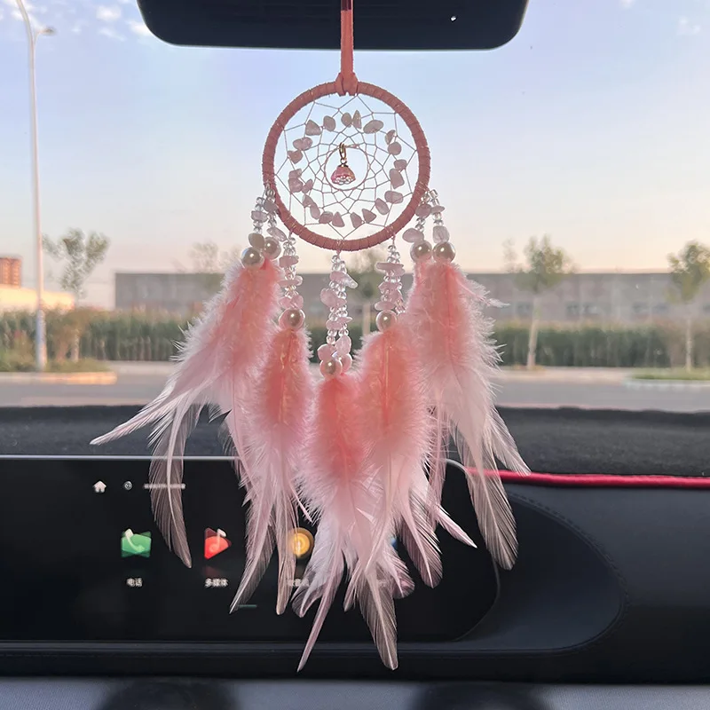 

Crystal Stone Car Pendant Exquisite Interior Car Pendant Feather Dream Catcher Wind Chime Rear View Mirror Car Accessories