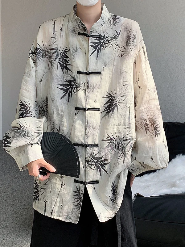 

New 2025 Chinese Sle Original Art Long Sve Men's irt with Button Print Sun Protection Water Ink Loose Fit Breathable S...