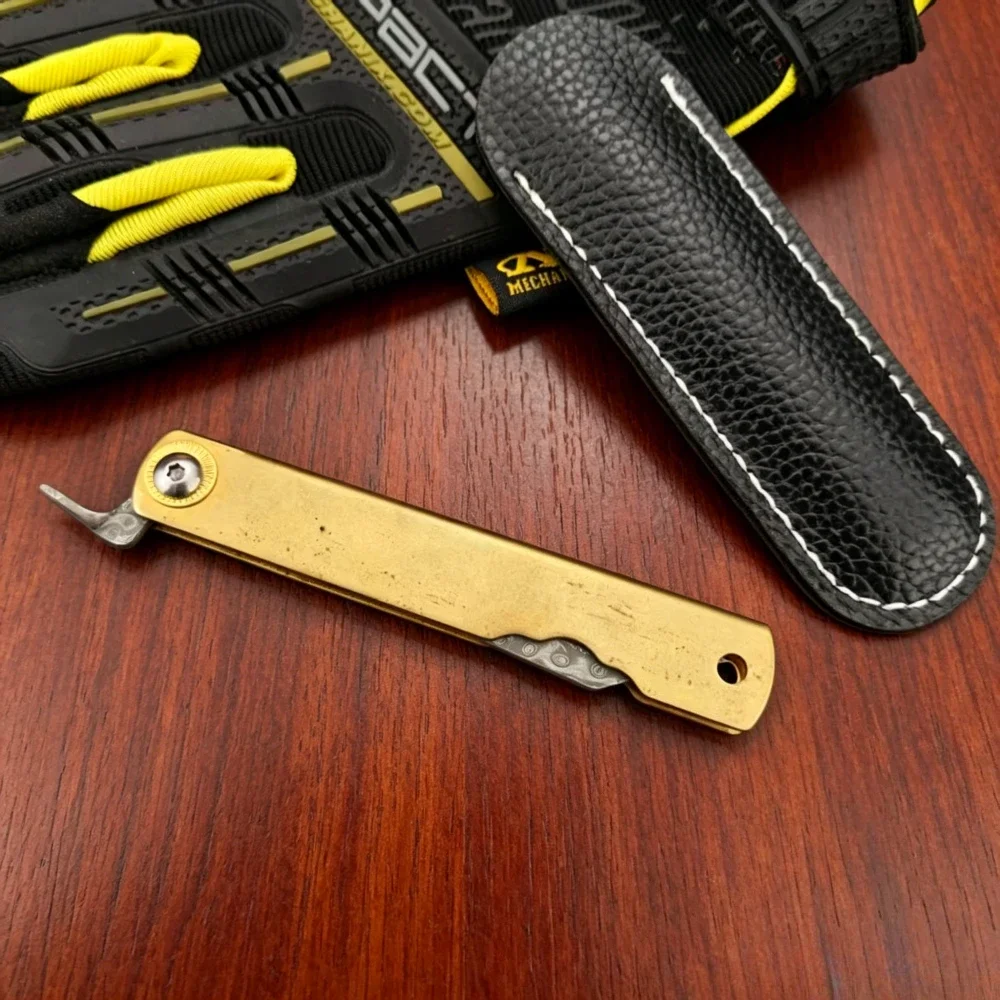 Camping-Essentials: Damaskus Notfall-Klappmesser Higonokami – Leichtes Outdoor-Angelmesser mit Lederscheide – Detail 8