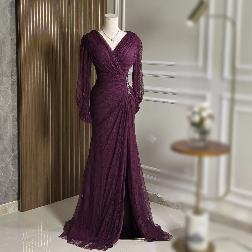 Robe de soirée personnalisée en dentelle plissée, de haute qualité, col en v, manches longues, trompette, robes longues sur mesure, robe de soirée à paillettes