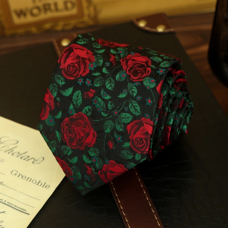 

High Quality Retro Style Red Rose Pattern Tie For Men's Business Banquet Shirt Accessories 8CM Wide Handmade Knotted Cravat