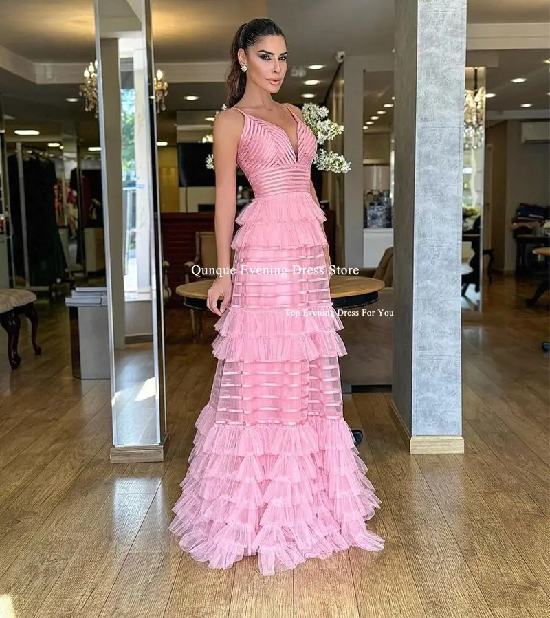 Qunque Pink Spaghetti Straps Prom Dresses Skirt Tiered Customized Long Evening Gowns Ceremony Formal Party Wear Robes De Soirée