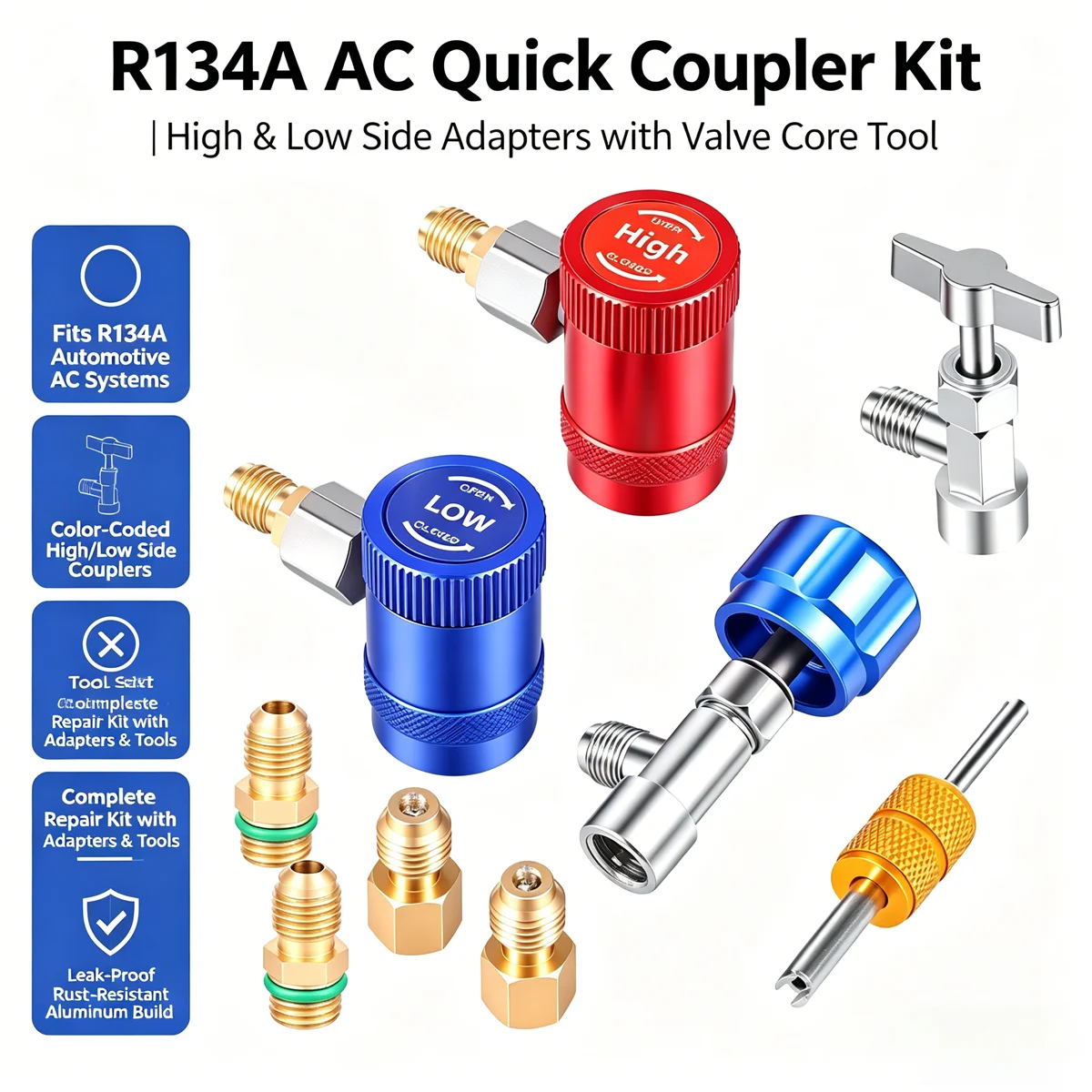 

2Pcs R1234yf Quick Connector Adapter Auto AC High/Low Side R1234yf Quick Couplers Refrigerant Adapters Conversion Kit