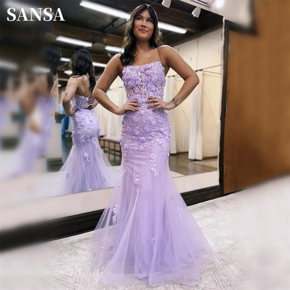 

Sansa Lavender 3D Lace Embroidery Mermaid Prom Dress Spaghetti Strap vestidos de fiesta Sleeveless Tulle Evening Dress 2024