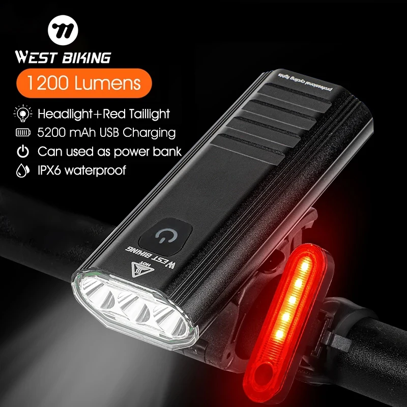 WEST BIKING 1200 Lumens LED Bike Light Waterproof 5 Mode Bicycle Lamp USB Rechargeable Cycling MTB Flashlight 5200mAh Power Bank