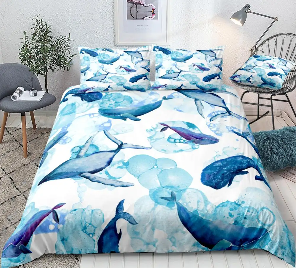 Ocean Duvet Cover Set Blue Whale Bedding Set Sea Animal Bed Linen Striped Beds Set Kids Teens Home Textile Microfiber Bedclothes