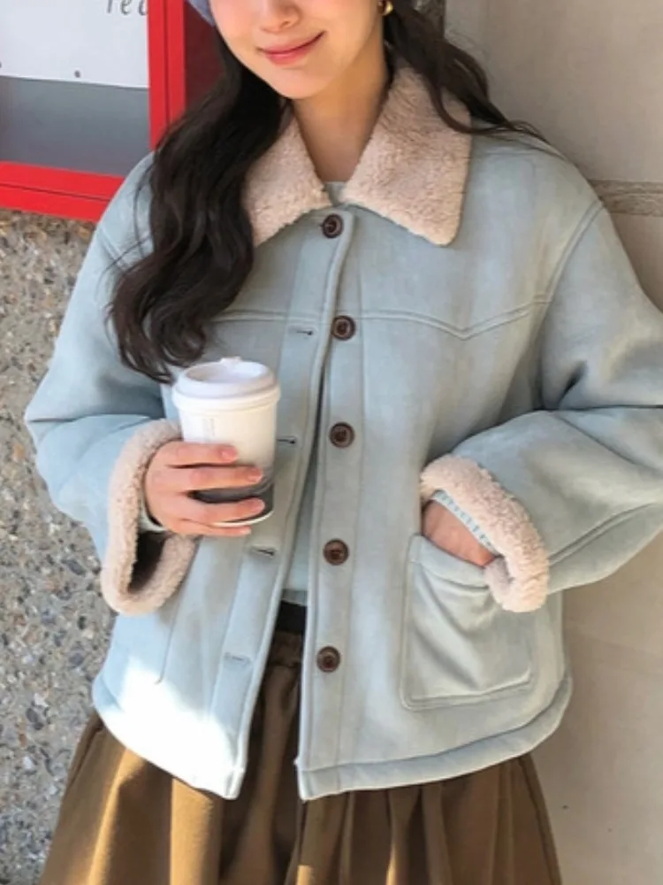 Chic Winter ort Lamb Fur Suede Jaet Women's Warmth Flap Collar Single Button Leather And Fur Inteated Outerwear Coat