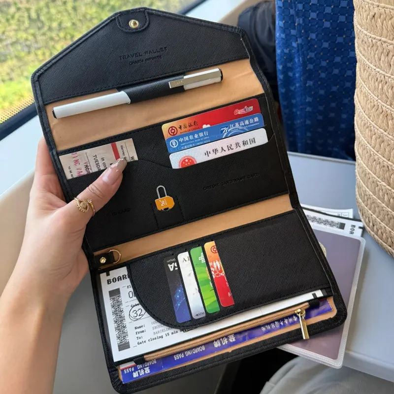 旅行用パスポートホルダー-多機能ドキュメントバッグ-盗難防止カードウォレット-一体型収納財布-男女兼用