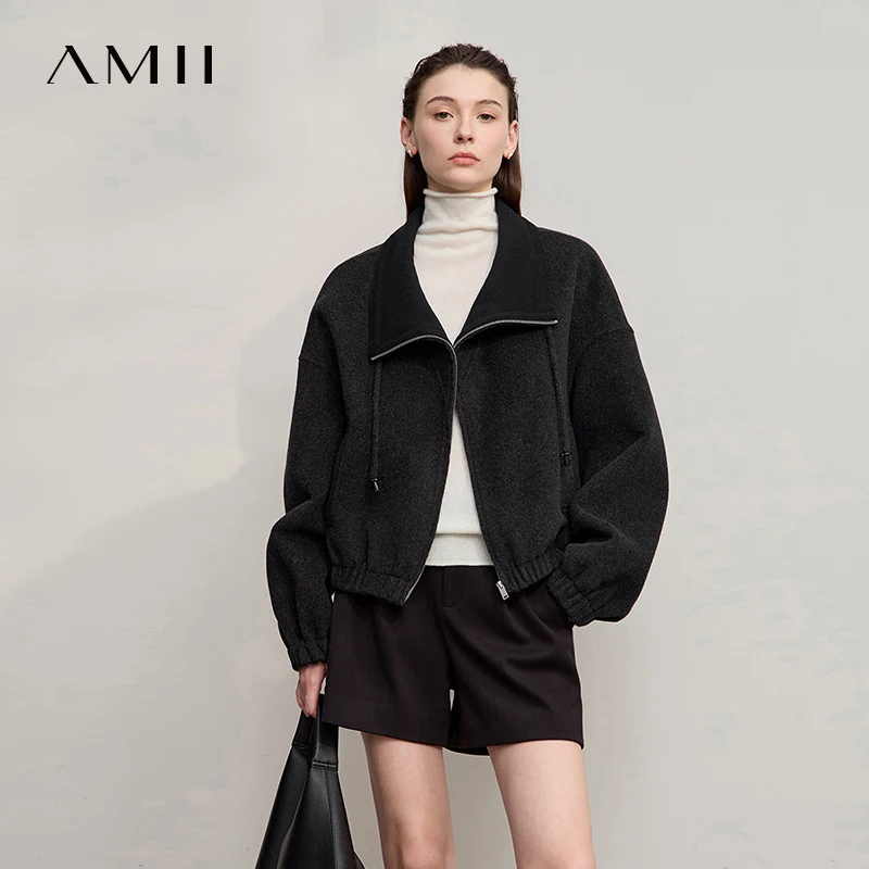 

Amii женское пальто 2025, зимнее новое минималистское однотонное женское пальто из 100% шерсти, свободное теплое пальто с длинными рукавами, женское 12524020