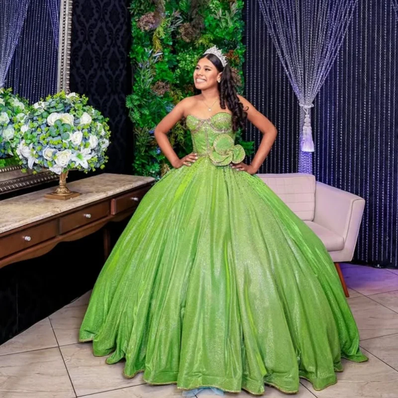 

Shiny Green Quinceanera Dresses off-shoulder Sequins Crystal Decal Lace Long tail Vestido De 15 Quinceanera Customize