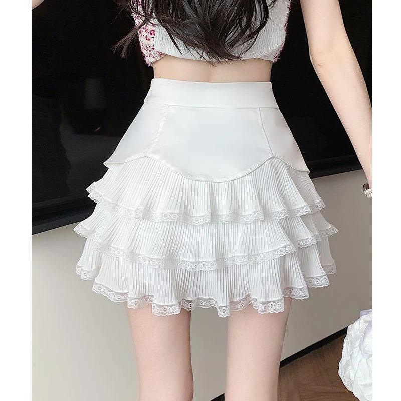 2023 Summer Women Clothes Lace Patchwork Bow High Waist Kawaii Sweet Skirts Girl Harajuku Y2K Gothic Sexy Solid Party Mini Skirt