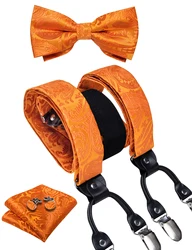 Bretelle regolabili da uomo in seta moda arancione Paisley Pre-legato papillon tasca gemelli quadrati Set per la festa nuziale Business