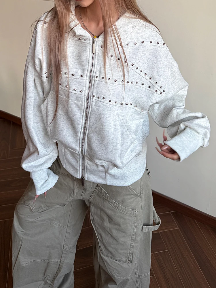 Modischer dunkelgrauer Zip-Hoodie für Damen, schick gewaschen, mit Metallnieten-Verzierung, langärmelige Kapuzenjacke, Herbst, Damen-Streetwear für den Alltag 2026 – Detail 7