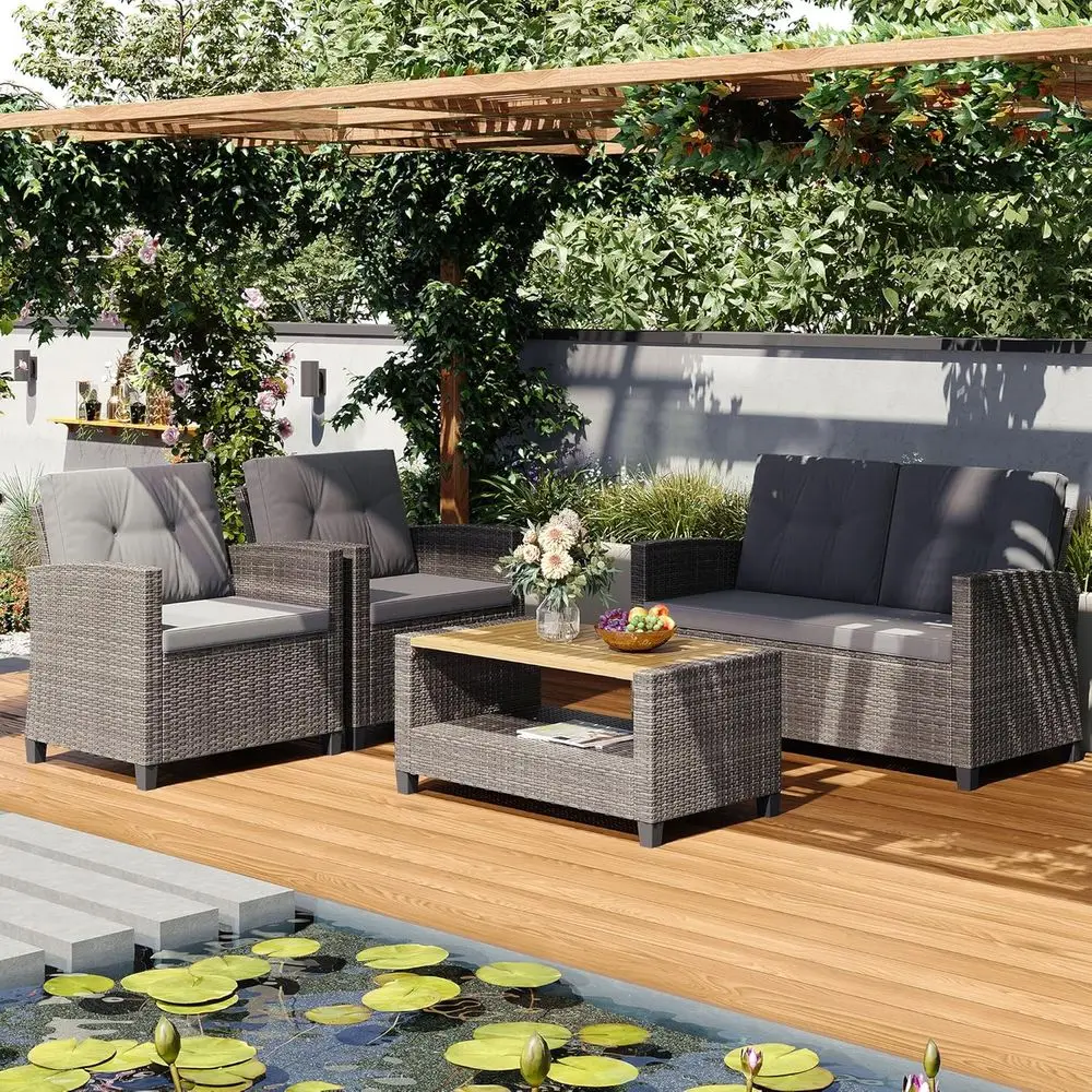 Gray Wicker Outdoor Patio Furniture Set with Cushions and Wooden Table