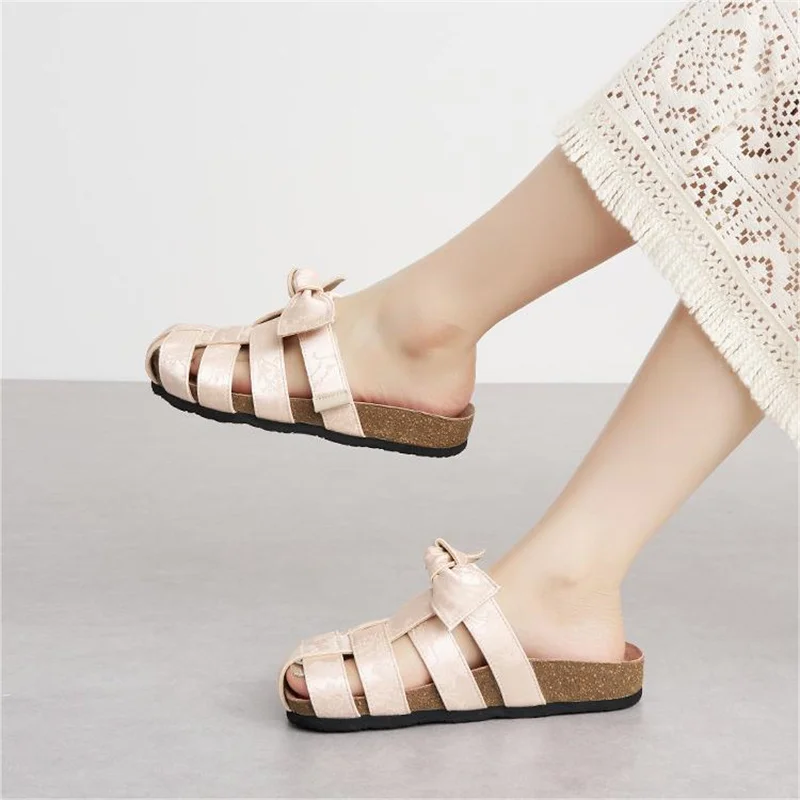 J&M Fashion Bow Women Slides Mules Black Slippers Clogs Cork Insole Sandals with Arch Support Outdoor Beach Slides Home Shoes