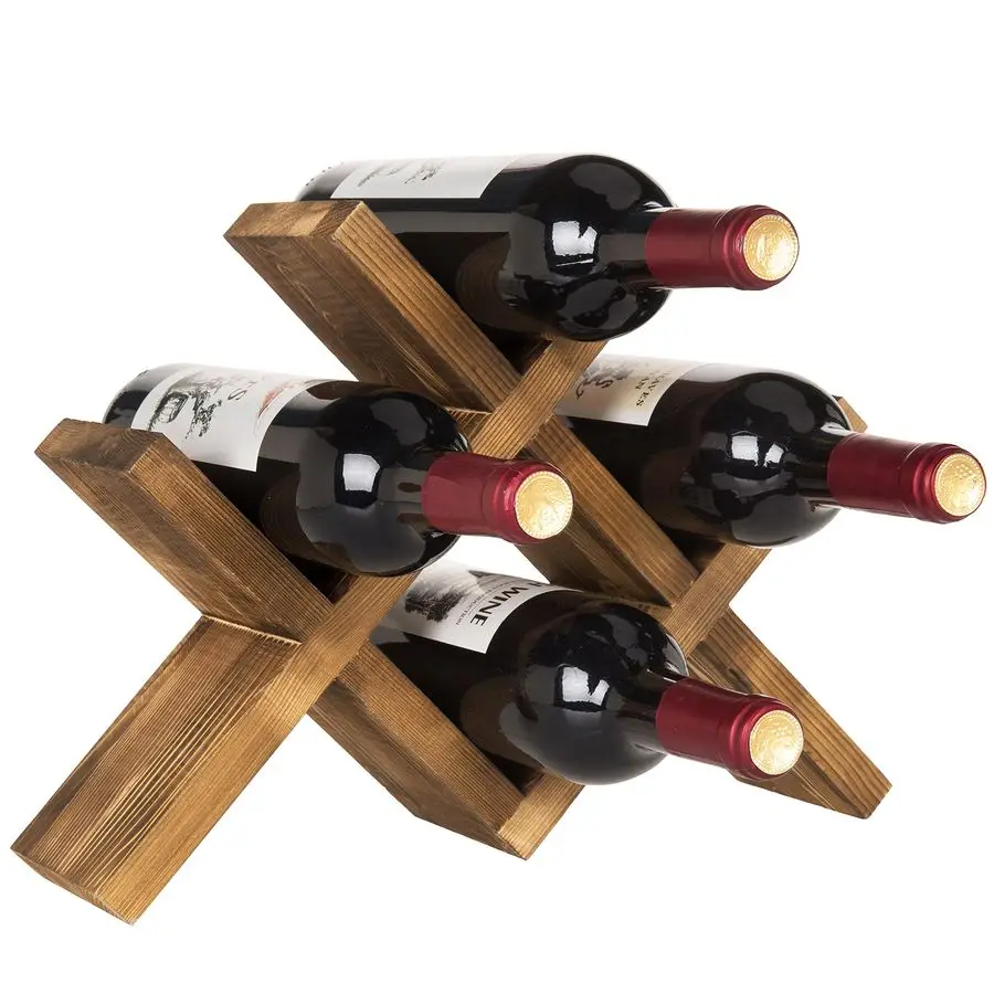 

4Bottle Rustic Brown Wood Wine Rack for Countertop Brushed Country Rustic Style, Compact Storage for Kitchen, Bar, Dining Room H