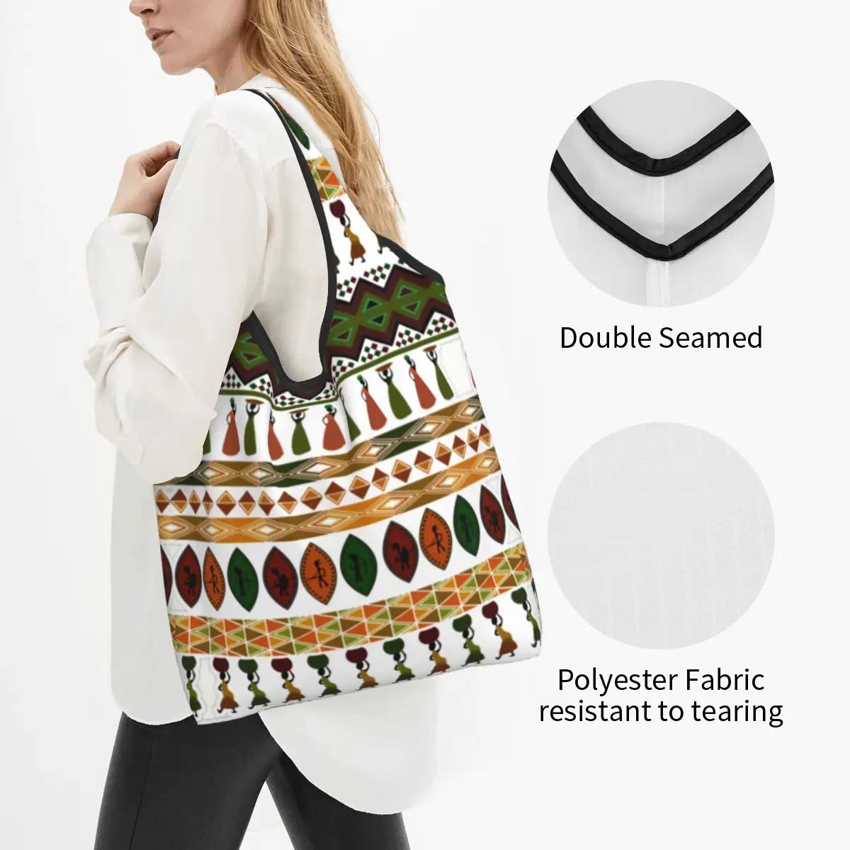 Reusable Traditional African Ethnic Pattern Shopping Bag Women Tote Bag Portable Grocery Shopper Bags