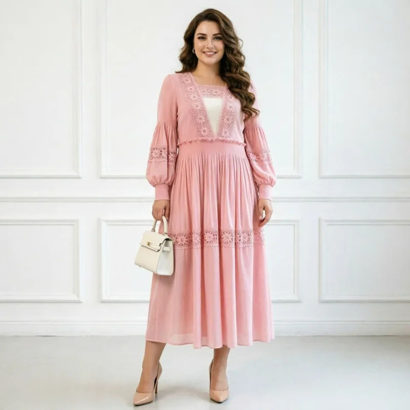 Miyake Pleated Dresses 2026 Autumn New Lantern Sleeve Lace Hollow Elegant Rhinestone Women's Plus Size Fashion Long Dress