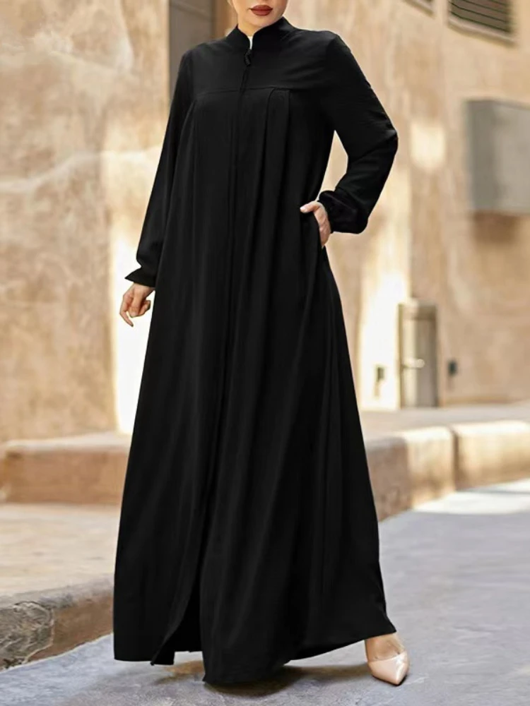 New Abaya for Muslim Arab Women Solid Color Temperament Cotton Linen Long Sleeved Standing Neck Fashion Loose Casual Long Dress