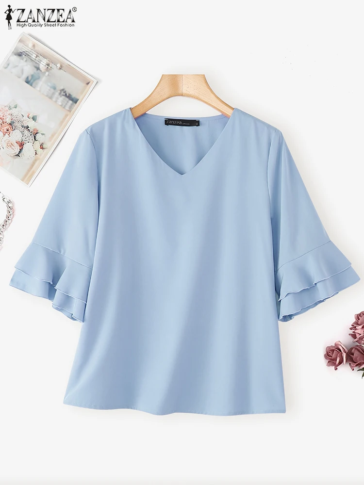 Fashion Women Tunic Tops 2025 ZANZEA Autumn Solid Color Blouse Elegant V-Neck Casual Shirts 3/4 Flare Sleeve Loose Korean Blusas