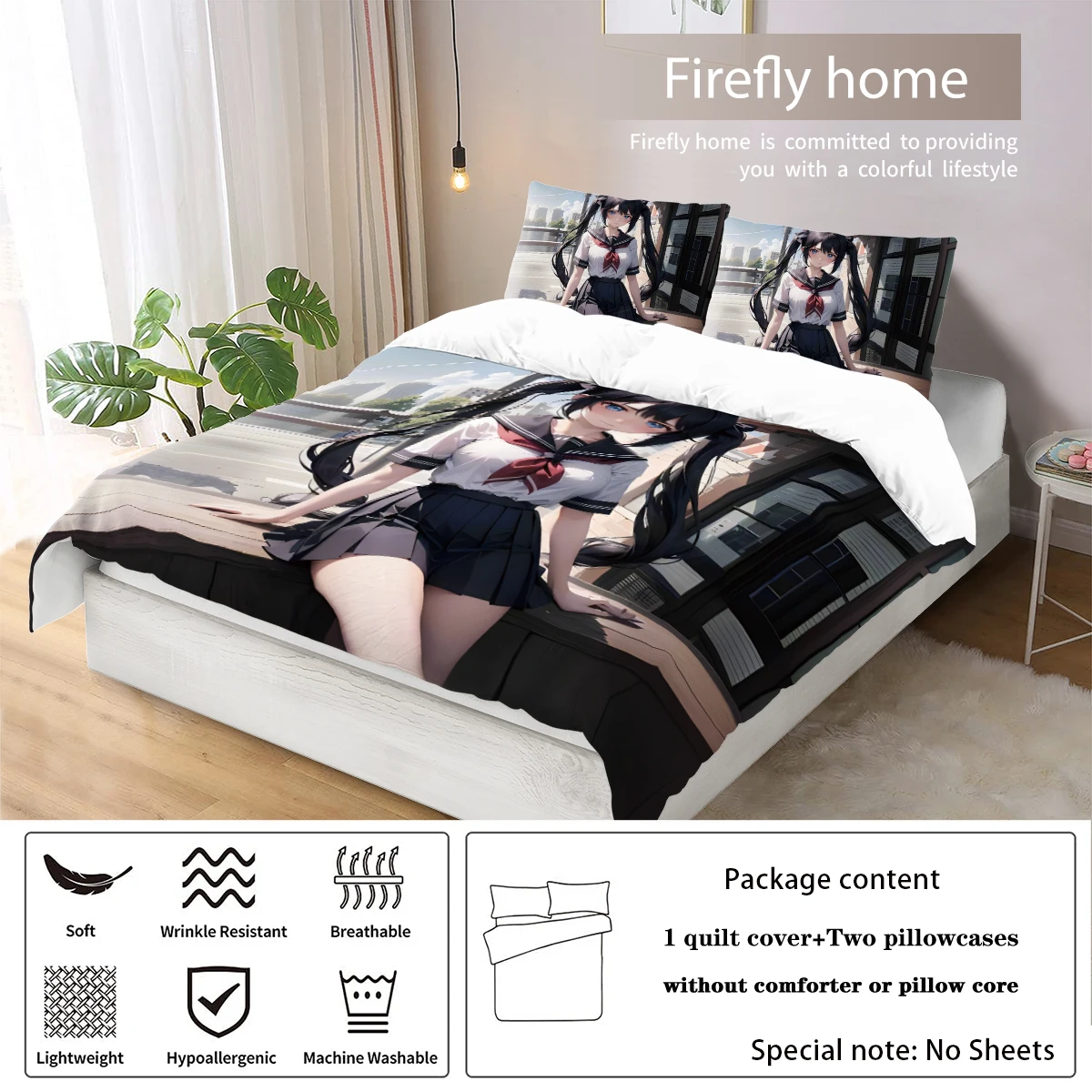 3-piece anime beauty girl series 90gsm set, (1 down duvet cover+2 pillowcases, coreless), comfortable bedroom bedding