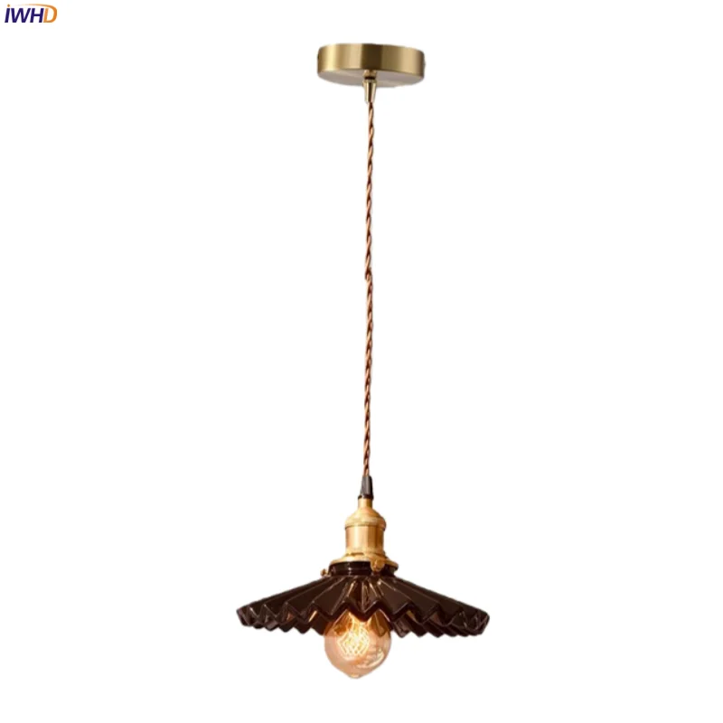 

IWHD Japan Vintage LED Pendant Lamps Living Room Kitchen Bedside Bathroom Home Decor Black Ceramic Copper Hanging Light Hanglamp