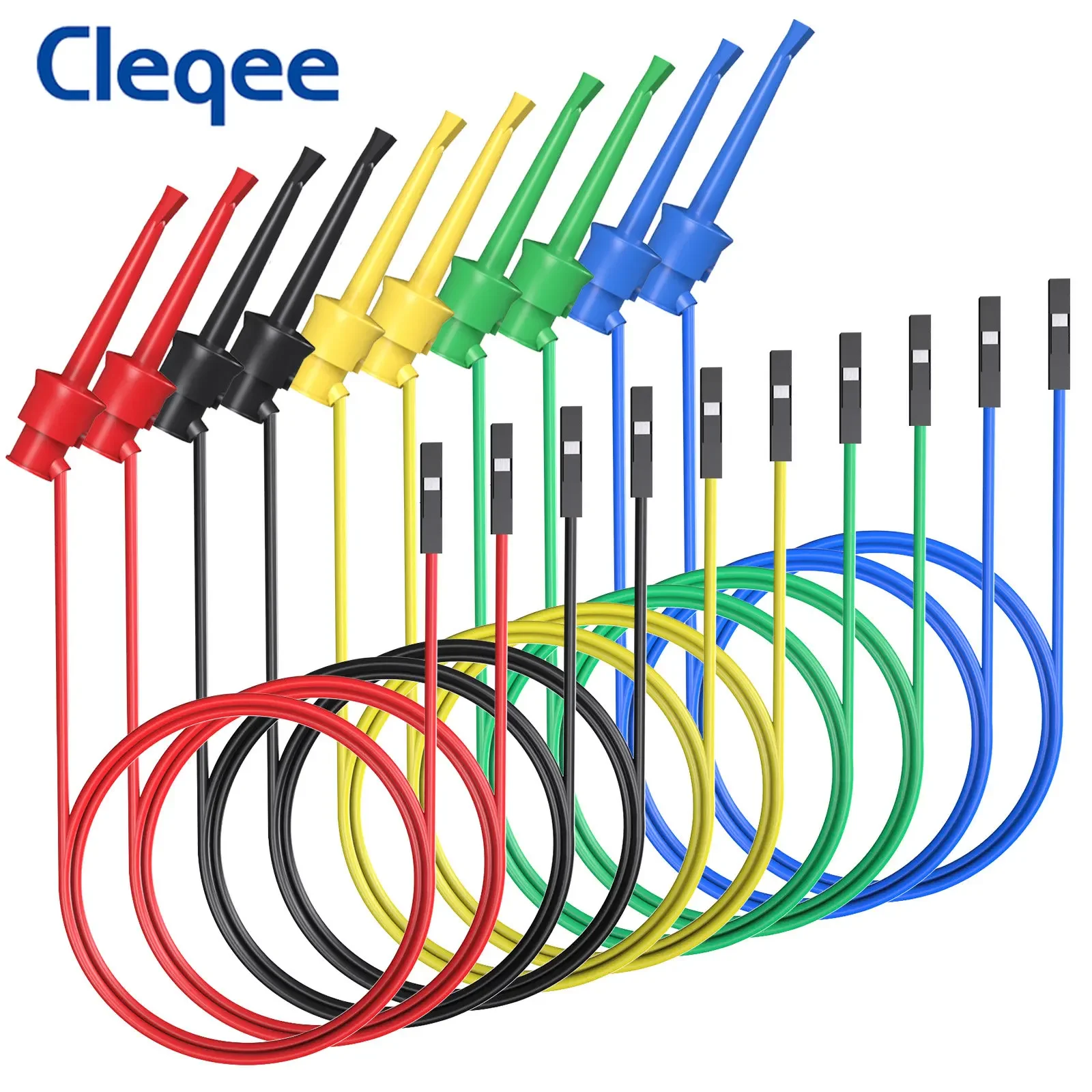 Cleqee 10pcs Test Hook Clip to Dupont Male/Female Jumper Wire 26AWG Silicone Cable For Breadboard Oscilloscope Logic Analyzer