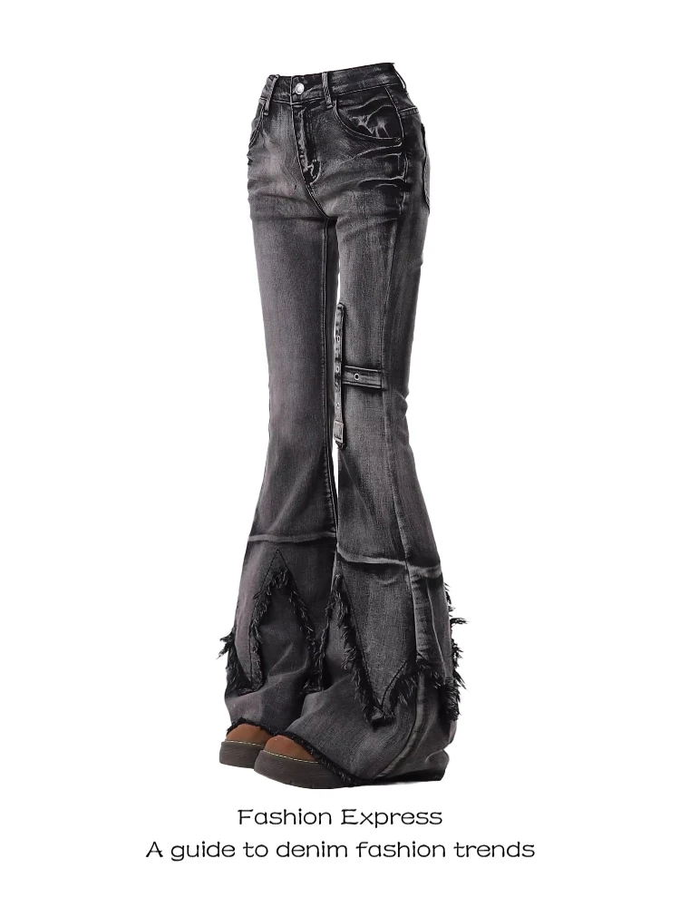 

Американские джинсовые джинсы High Street, женские весенне-осенние утягивающие брюки с крестообразным декором, потертый дизайн, расклешенные брюки