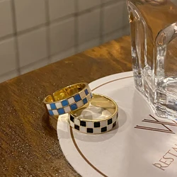 2022 Fashion Cool Black Blue Grid Rings for Women Accessories Vintage Hiphop Gothic Finger Adjustable Ring Party Jewelry Gift