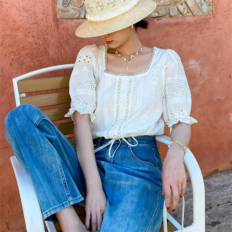 

French Style White Vintage Blouse Shirt Women Cotton Loose Eyelet Embroidery Puff Sleeve Ruffle Summer Vacation Ladies Tops New