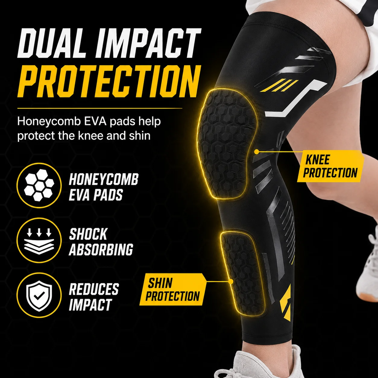 Honeycomb Padded Knee & Shin Guards for Men Women, Double Crashproof Knee Pads with Shock Absorption, Breathable Compression Leg