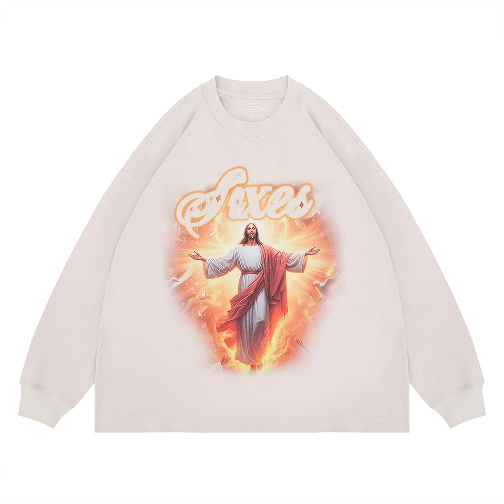 Superway Original Design Oversized Savior Graphic T-Shirt Men's Long Sleeves Cotton Tee Solid Retro Hip Hop American Style Tops