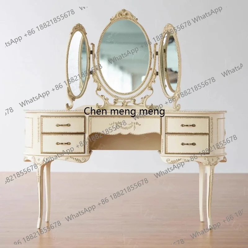 

French retro old dresser Nordic European solid wood carving flower dressing table glass