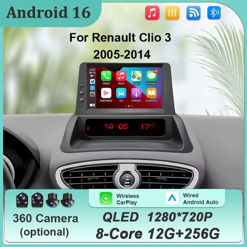 Android 16 7 Inch Car Radio for Renault Clio 3 2005-2014 CarPlay Android Auto GPS BT WiFi FM Touch Screen Multimedia Head Unit