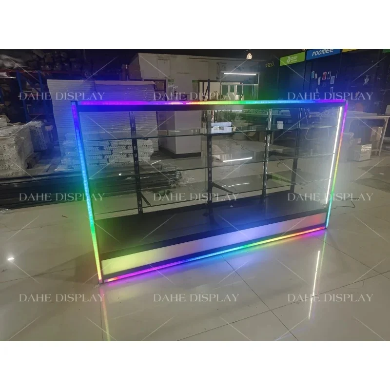 custom.Tobacco Shop Display Colorful Base Glass Counter Display Full Wall Display Cabinet Smoke Shop Showcase with L