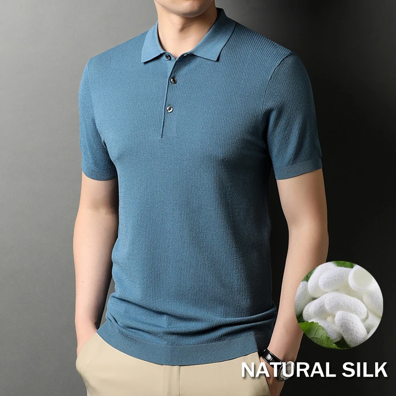 Silk And Viscose Blended Polo Shirt Men Knitted Summer Short Sleeve Collared Pullover T-shirt Business Casual Men's Poloshirt