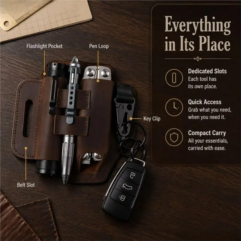 Dropship-For Belt Multitool Sheath-Pouch& Leather Case With Flashlight Holder, Pen Loop& Keychain Clip For Men view 4