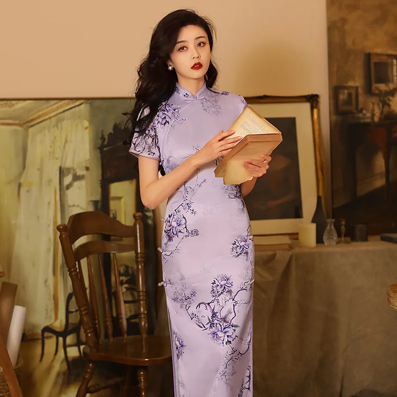 

3 Colors Women Vintage Dress Cheongsam Handmade Button Floral Dresses Chinese Style Summer Autumn Long Qipao S To 3XL