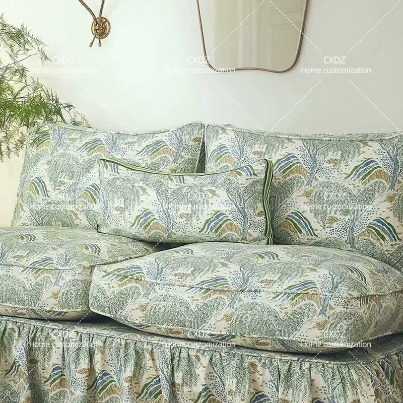 Pastoral Print Sofa Small Apartment Living Room Solid Wood 3 Seater Simple Household Fabric Sofa